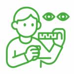 Groene lijntekening van een persoon die een tuin onderzoekt met ogen en meetlint